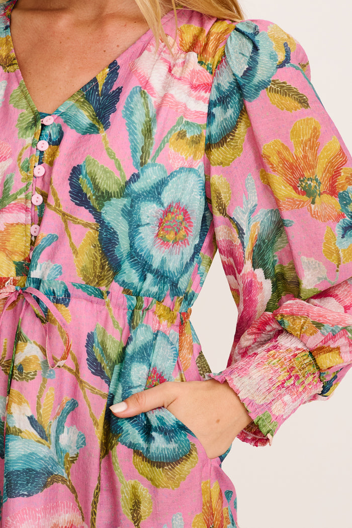 Tilley Dress in Pink Multi Floral Cotton Blend detail