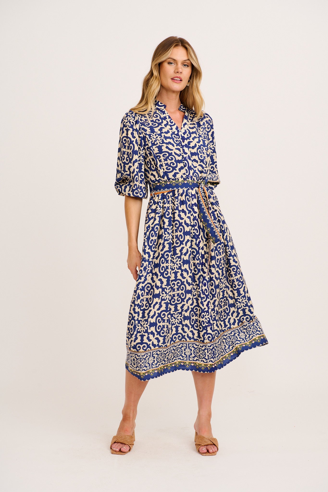 Karra Midi Dress in Navy and Cream Print full length