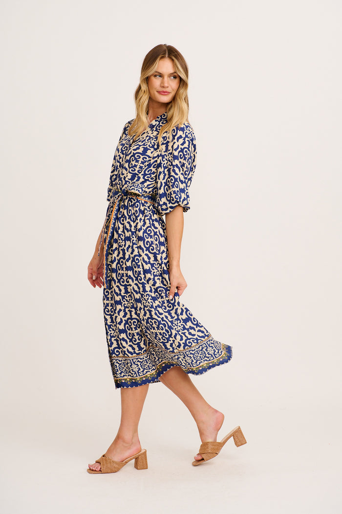Karra Midi Dress in Navy and Cream Print side