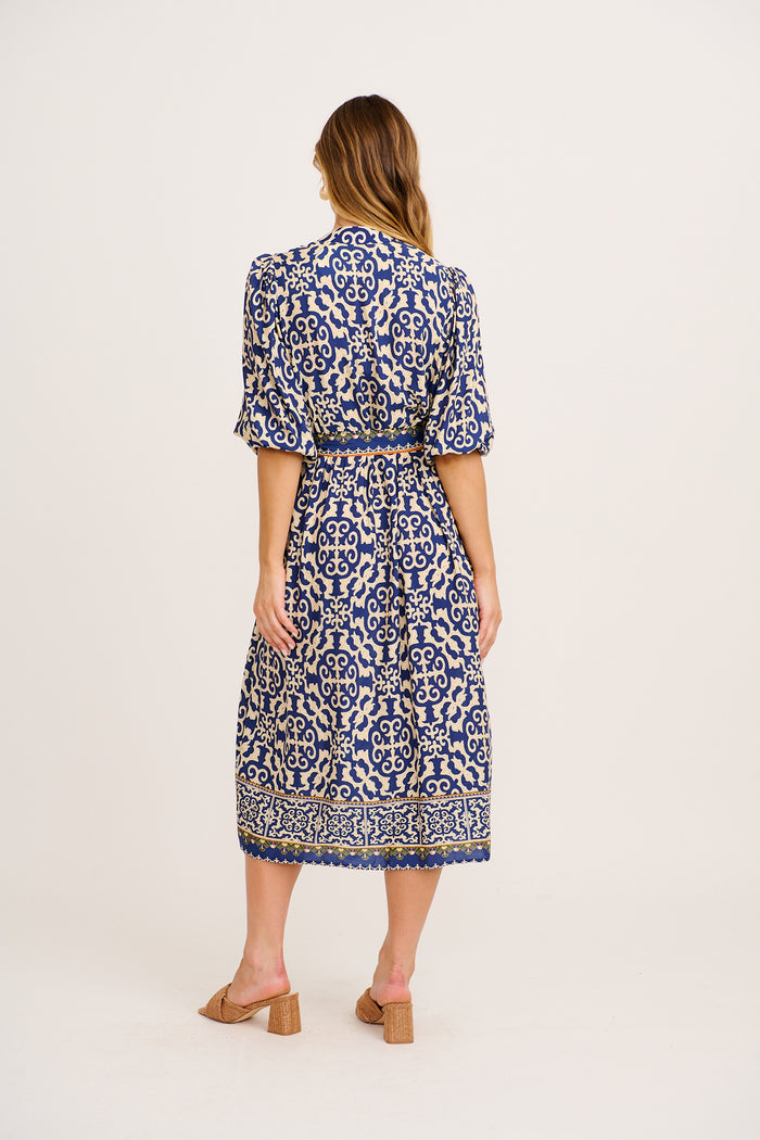 Karra Midi Dress in Navy and Cream Print back