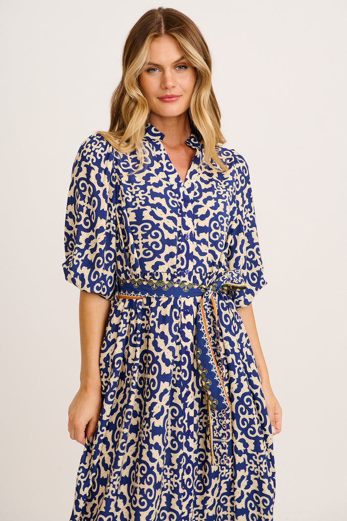 Karra Midi Dress in Navy and Cream Print front