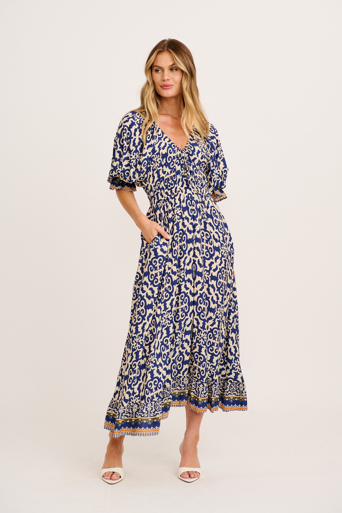 Nona Midi Dress in Navy and Cream Print full length