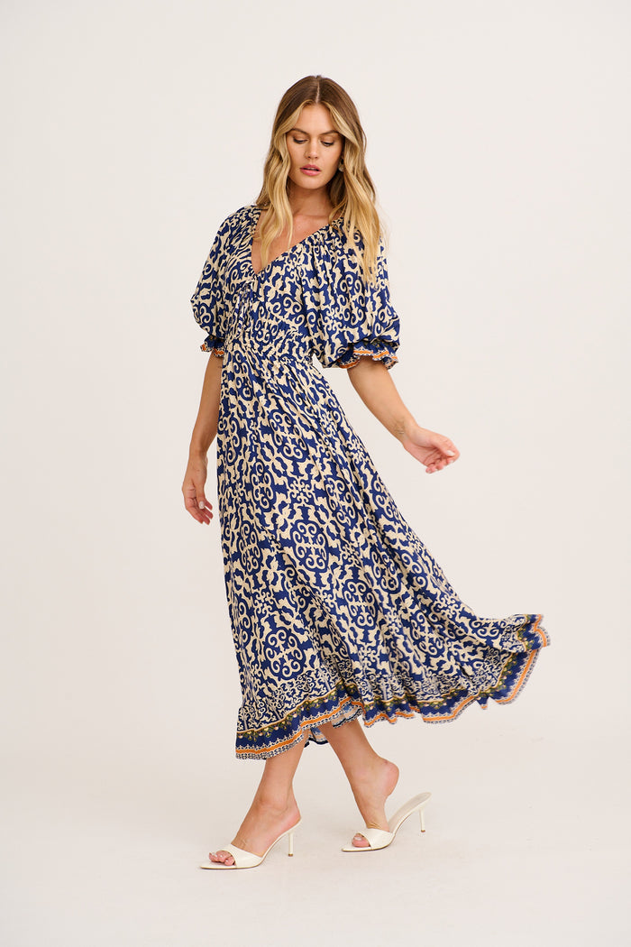 Nona Midi Dress in Navy and Cream Print side