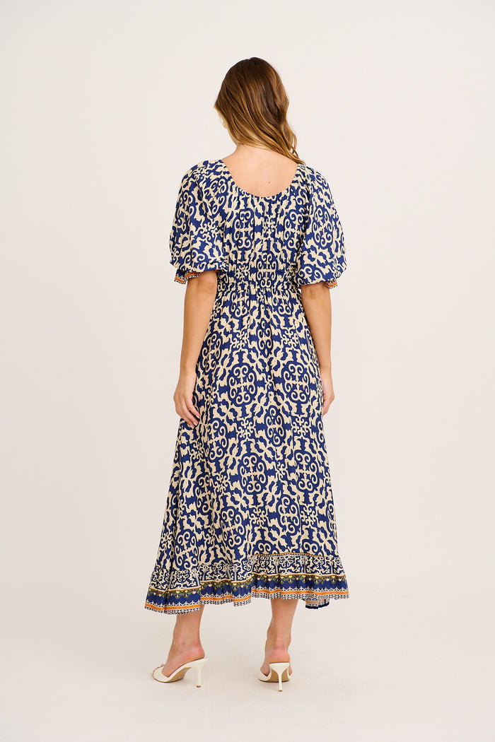Nona Midi Dress in Navy and Cream Print back