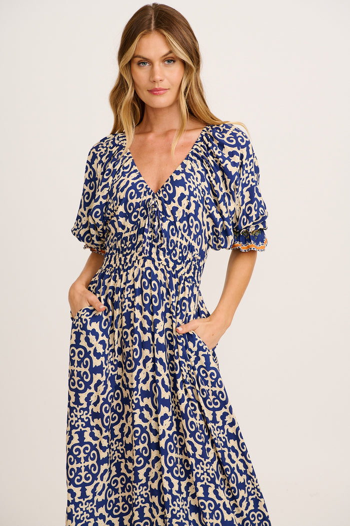 Nona Midi Dress in Navy and Cream Print front