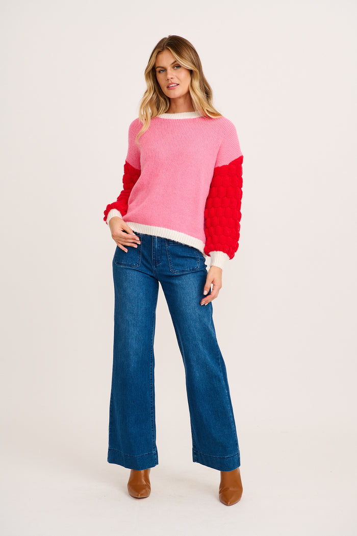Soft Feel Knit in Pink with Red Wool Blend full length