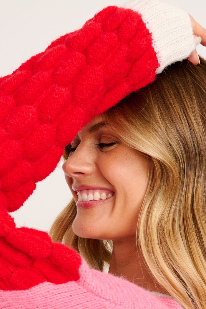 Soft Feel Knit in Pink with Red Wool Blend detail