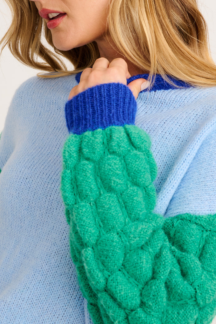 Soft Feel Knit in Cobalt and Green Wool Blend detail