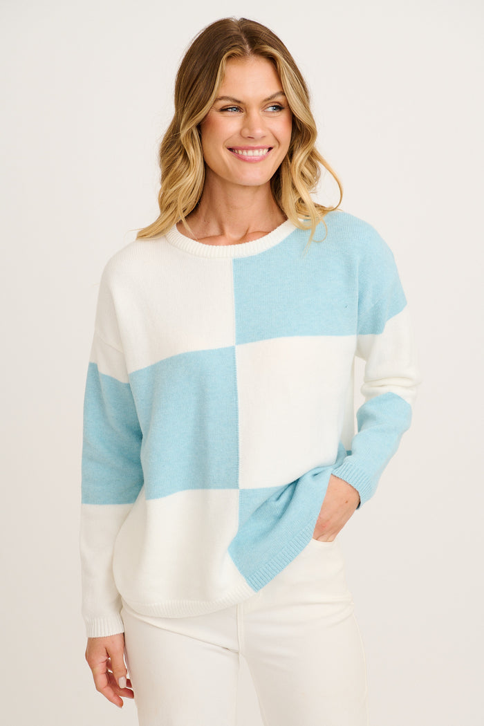 Zipporah Knit in Blue and White Colour Block Cotton Blend front