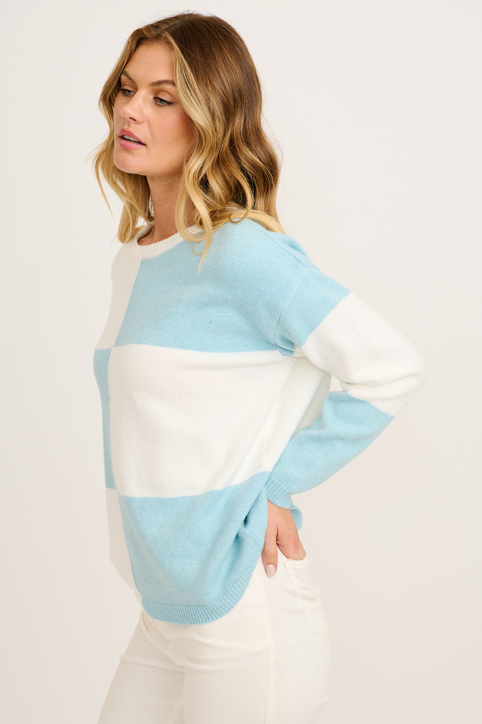 Zipporah Knit in Blue and White Colour Block Cotton Blend side