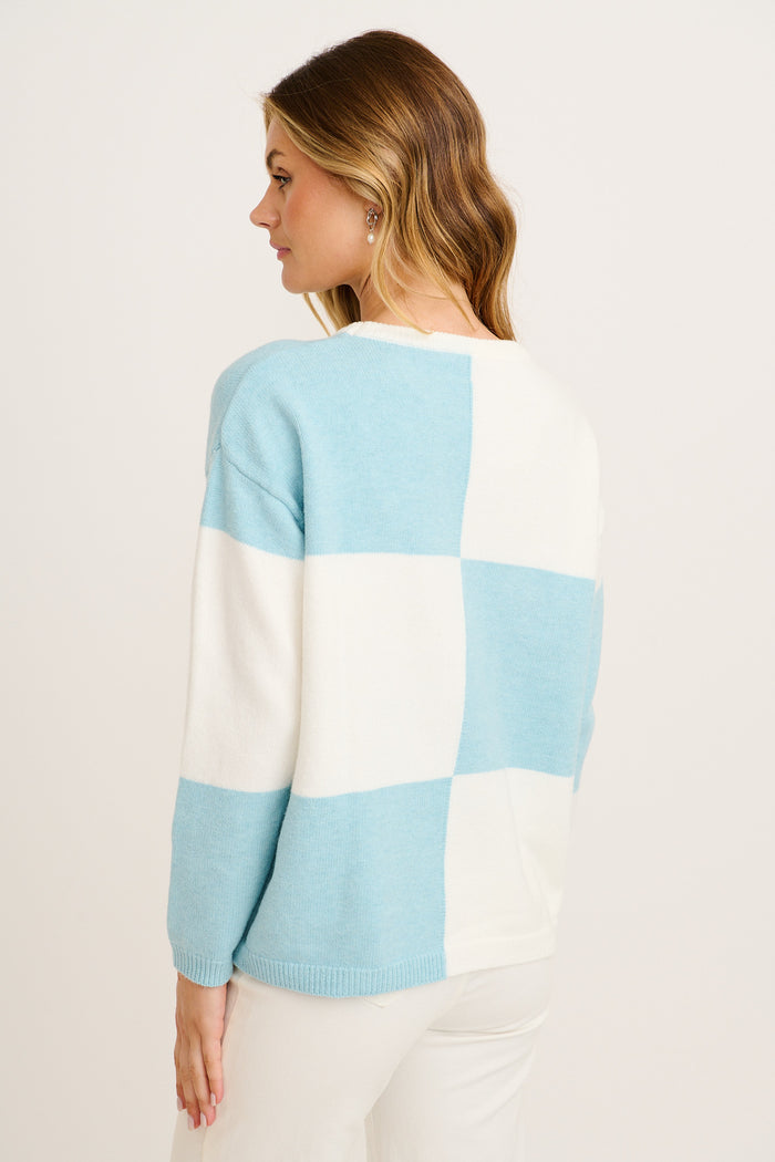Zipporah Knit in Blue and White Colour Block Cotton Blend back