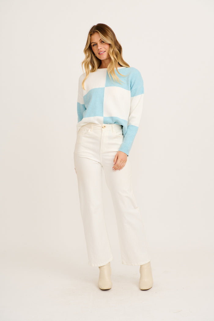 Zipporah Knit in Blue and White Colour Block Cotton Blend full length