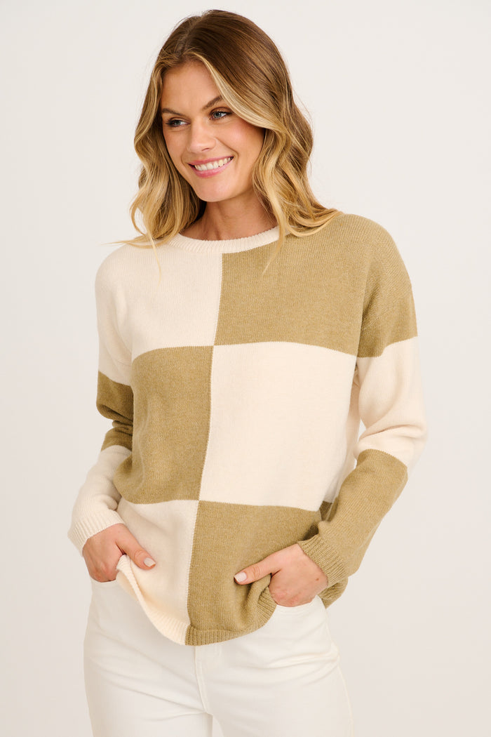 Zipporah Knit in Khaki and Beige Colour Block Cotton Blend front