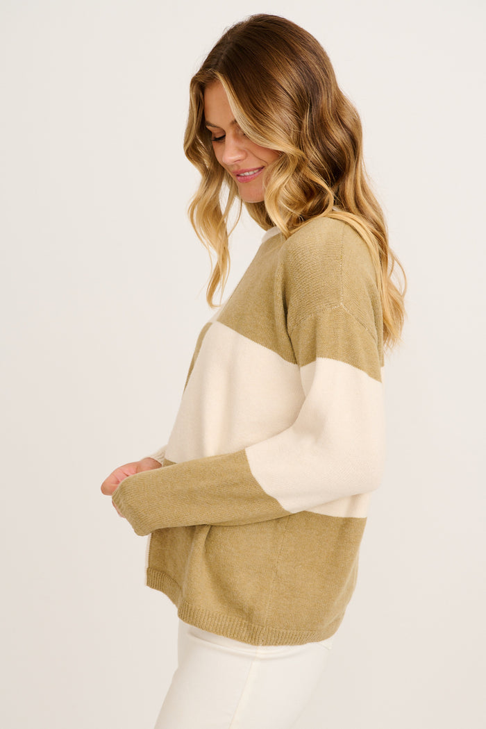 Zipporah Knit in Khaki and Beige Colour Block Cotton Blend side