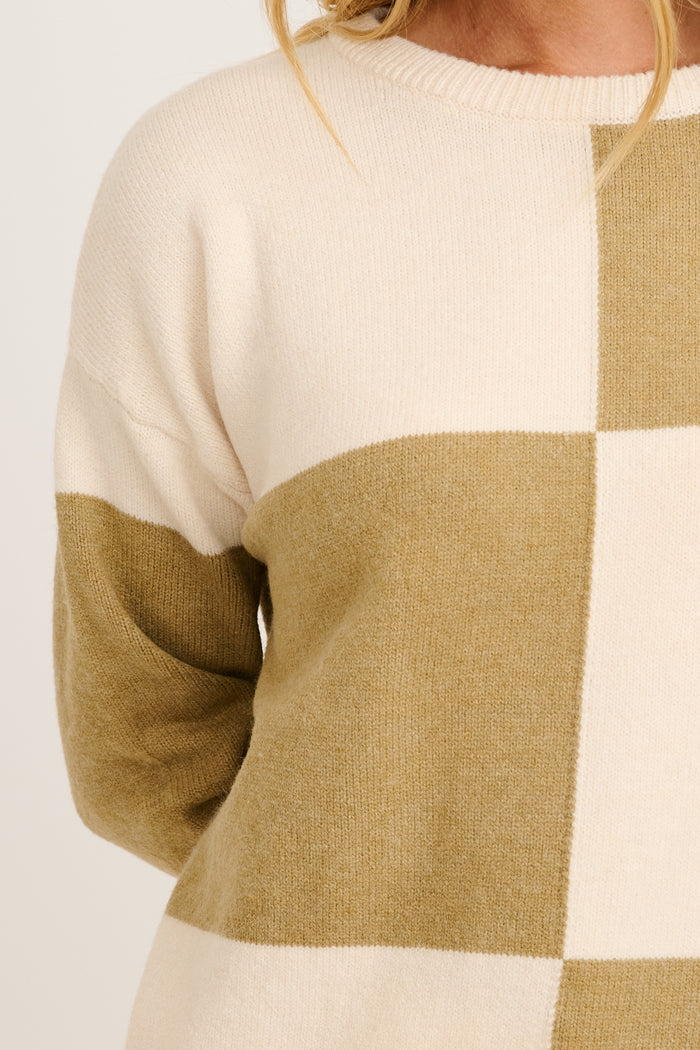 Zipporah Knit in Khaki and Beige Colour Block Cotton Blend detail