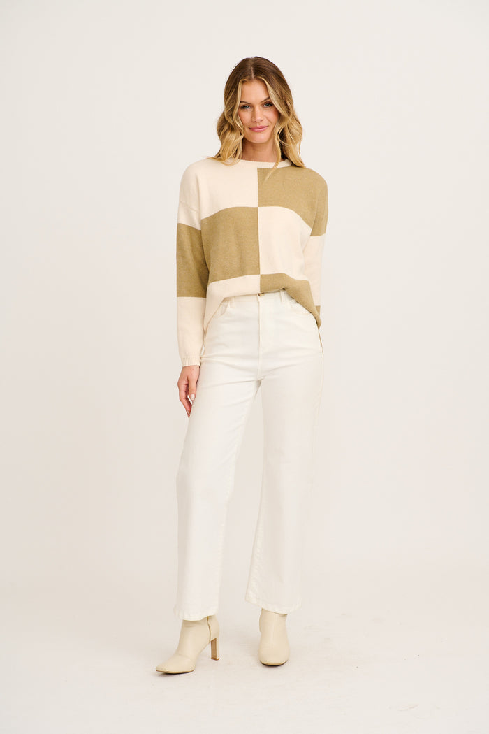 Zipporah Knit in Khaki and Beige Colour Block Cotton Blend full length