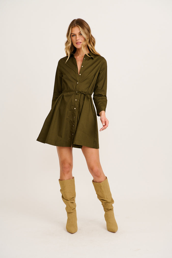 Cottesloe Shirt Dress in Khaki Cotton full length