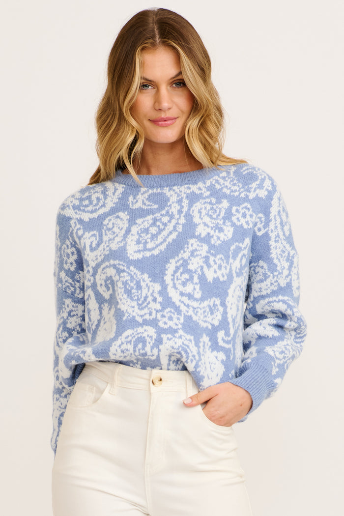 Artist Work Knit in Blue Paisley Wool Blend front