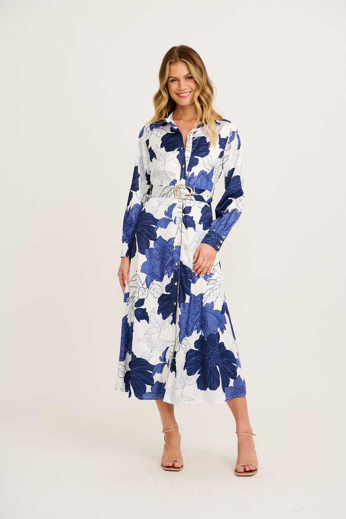 Pinky Promises Midi Shirt Dress in White with Blue Floral Satin