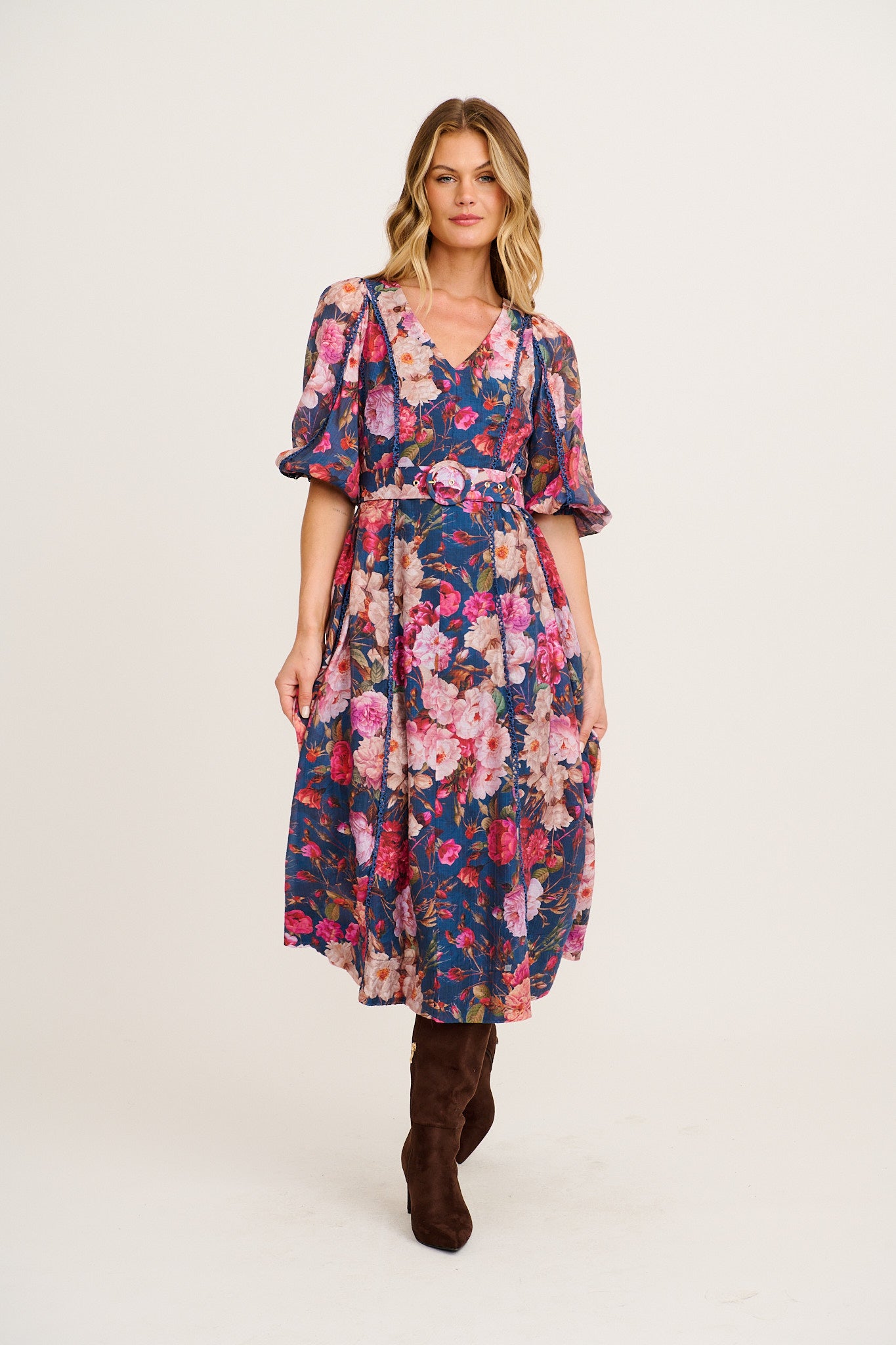 Reverie Maxi Dress in Navy with Blush Floral full length