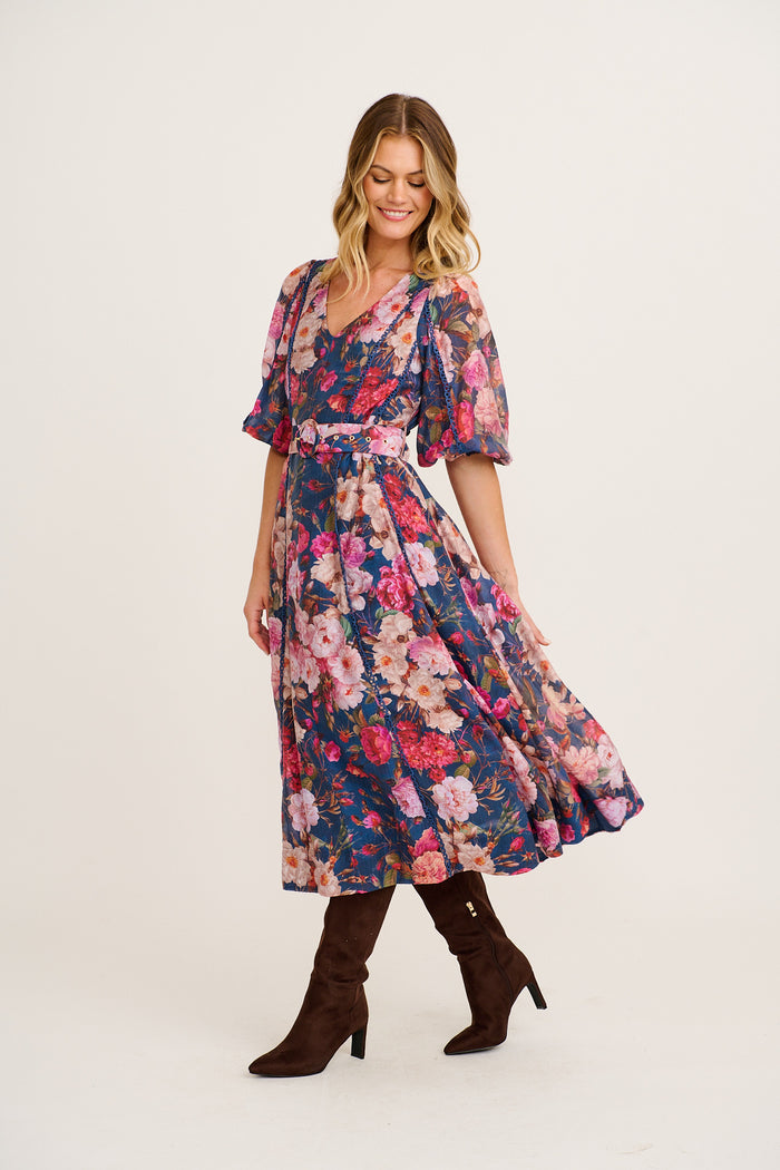 Reverie Maxi Dress in Navy with Blush Floral side