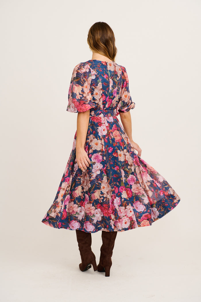 Reverie Maxi Dress in Navy with Blush Floral back