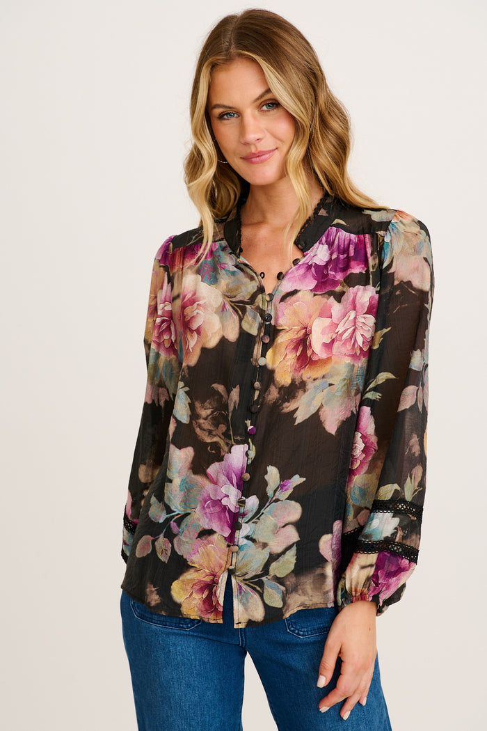 Ready or Not Top in Black with Multi Floral front
