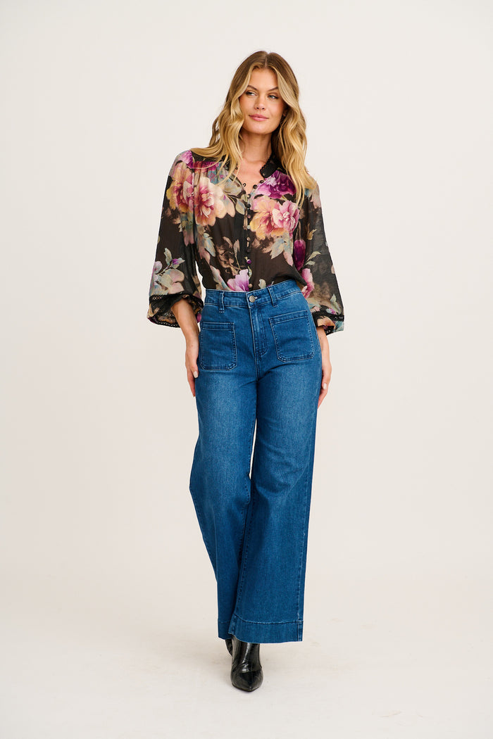 Ready or Not Top in Black with Multi Floral full length