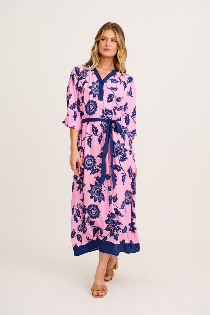 Kinley Maxi Dress in Pink with Navy Floral full length