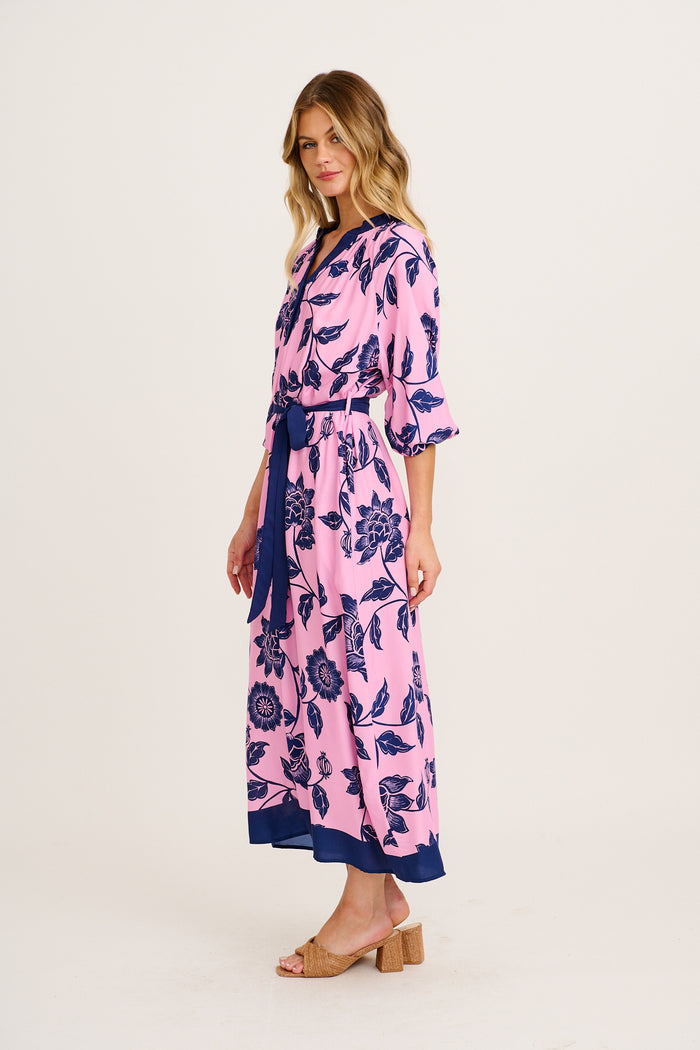 Kinley Maxi Dress in Pink with Navy Floral side