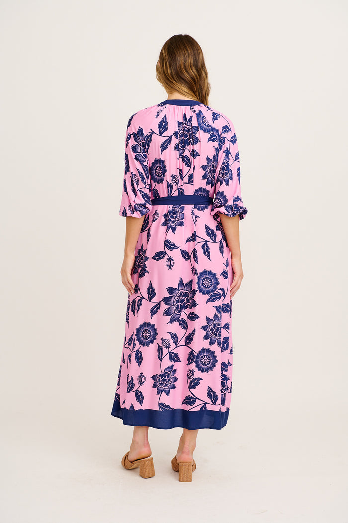 Kinley Maxi Dress in Pink with Navy Floral back