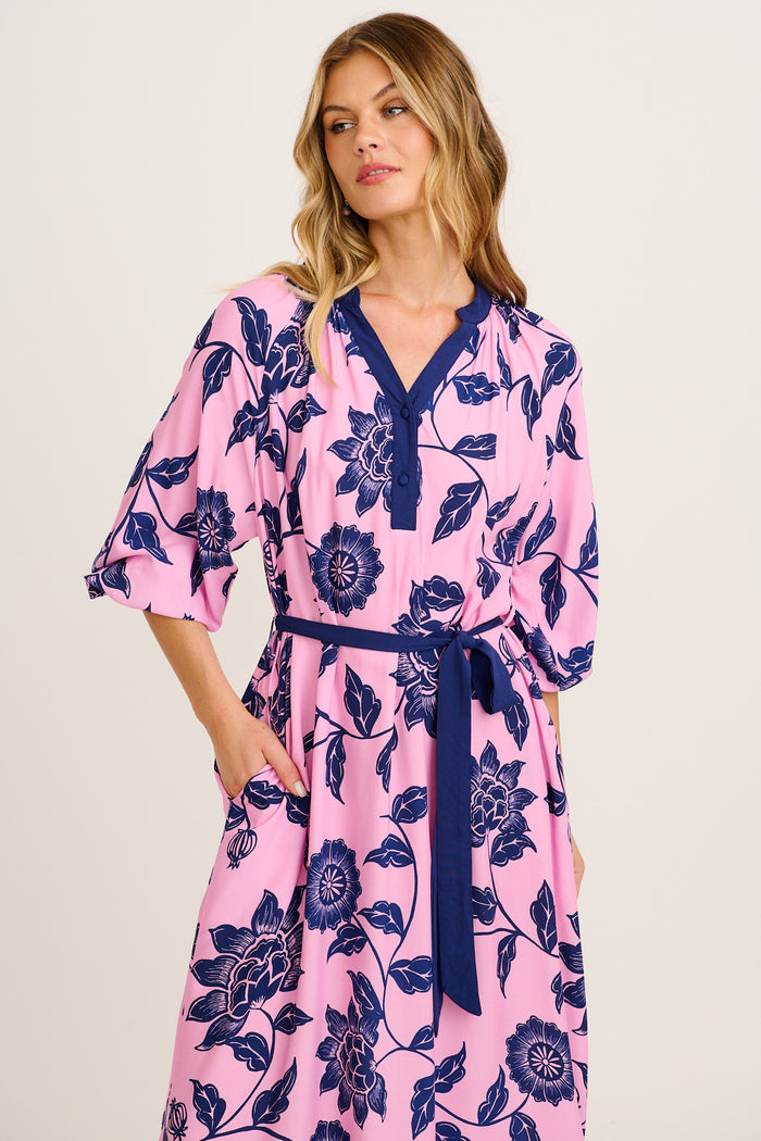 Kinley Maxi Dress in Pink with Navy Floral front