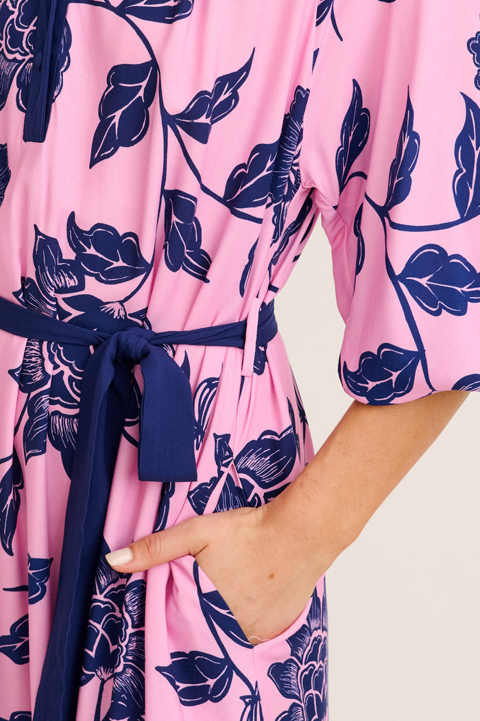 Kinley Maxi Dress in Pink with Navy Floral detail