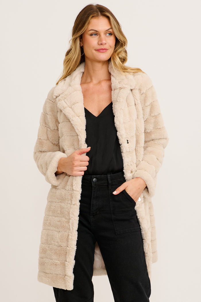 Fiora Faux Fur Coat in Beige front