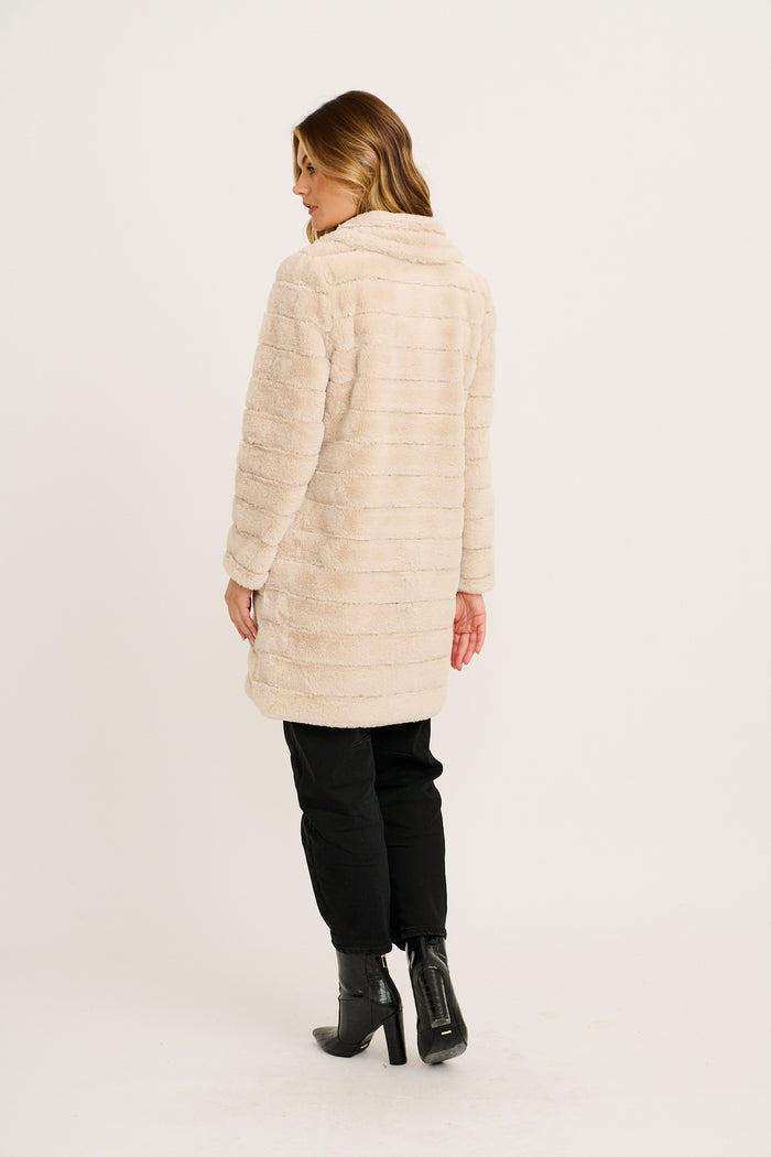 Fiora Faux Fur Coat in Beige full length