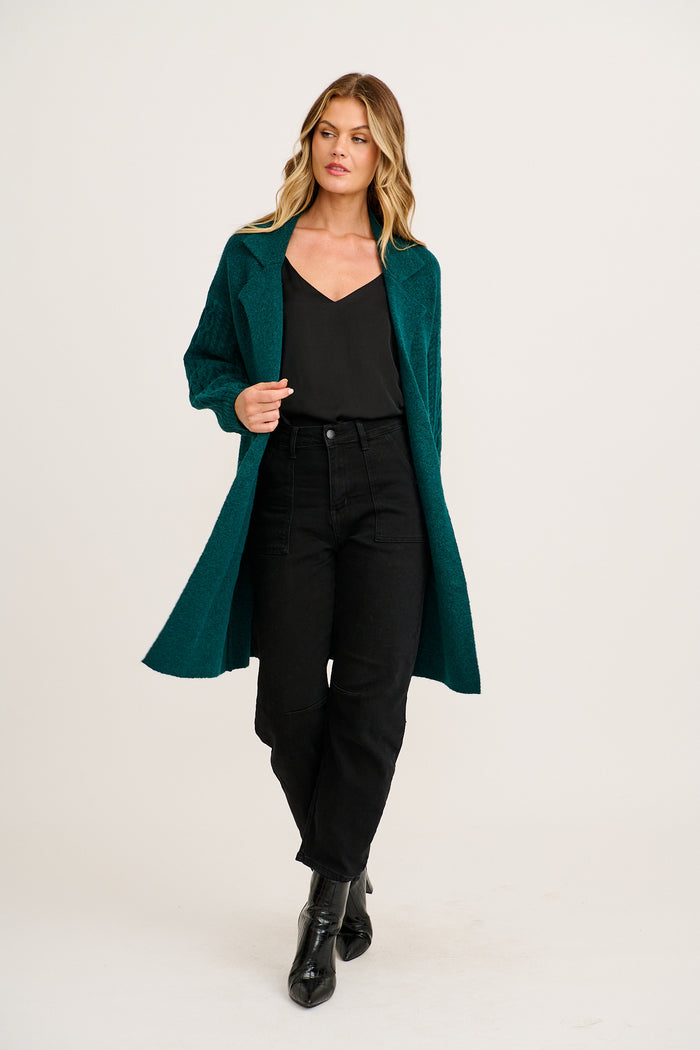 Winter Sun Knit Cardigan in Emerald Wool Blend full length
