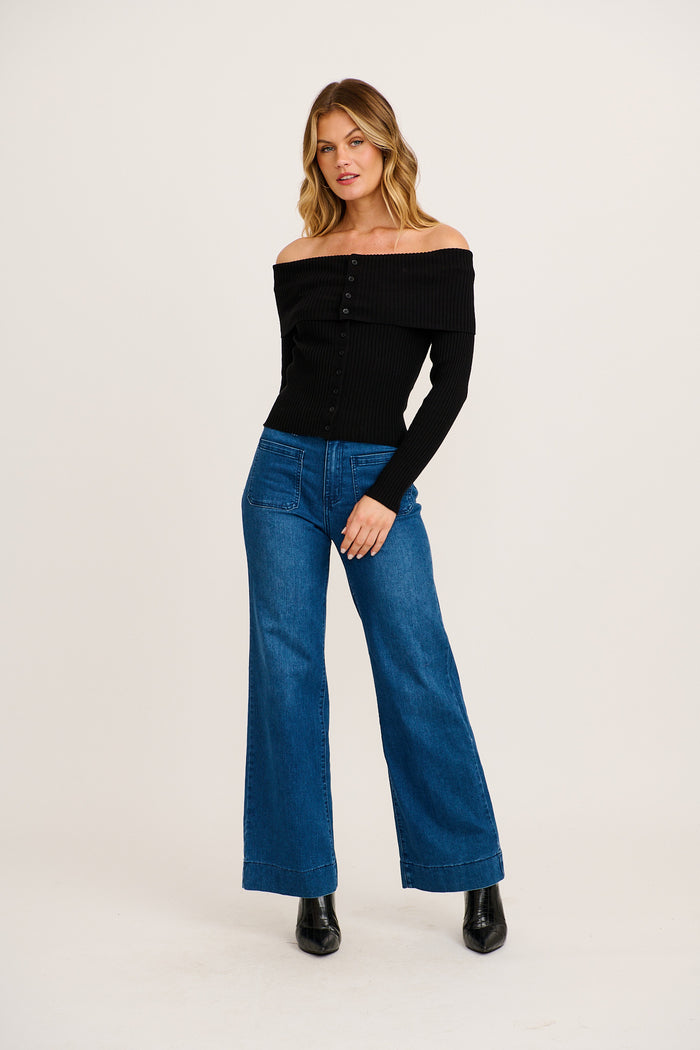 Trace Off Shoulder Knit Top in Black full length