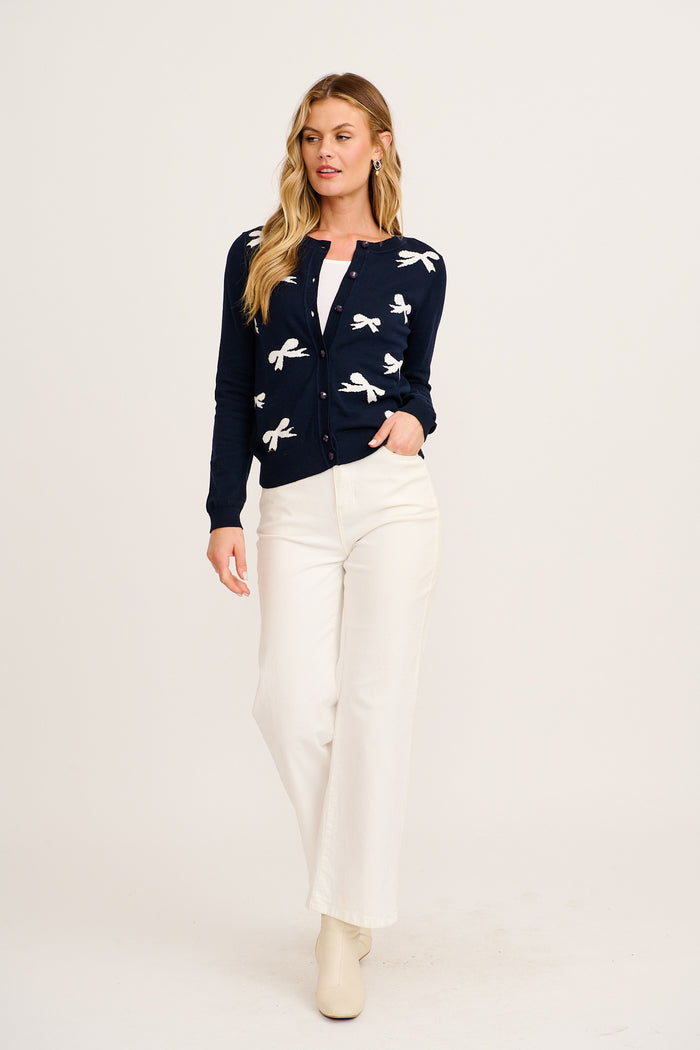Ines Knit Cardigan in Navy with White Bow Cotton full length