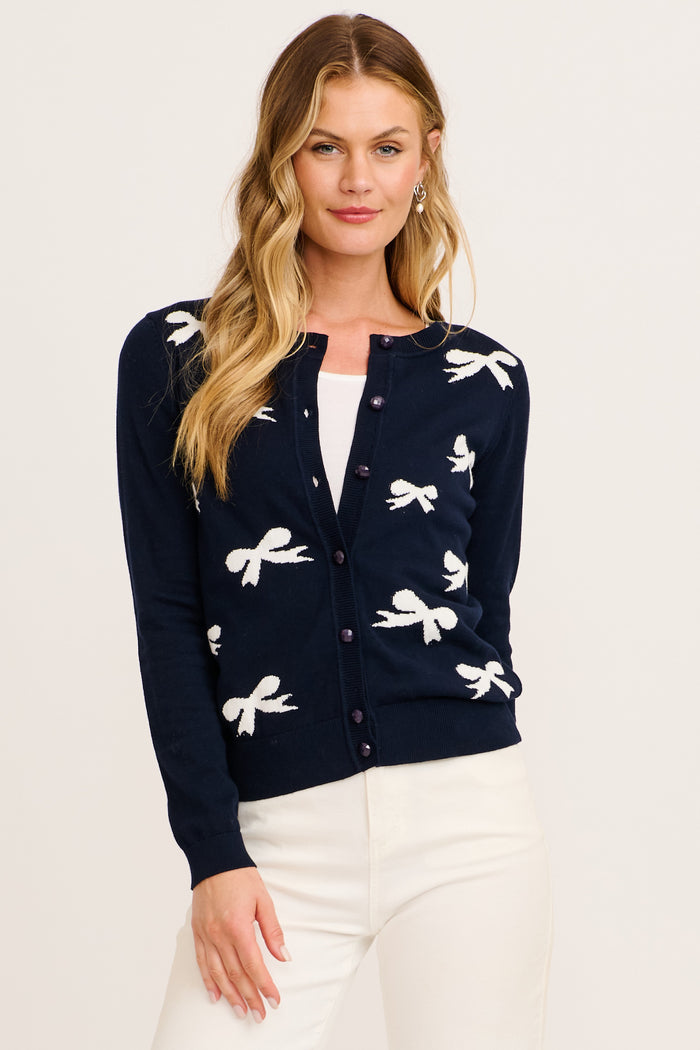 Ines Knit Cardigan in Navy with White Bow Cotton front