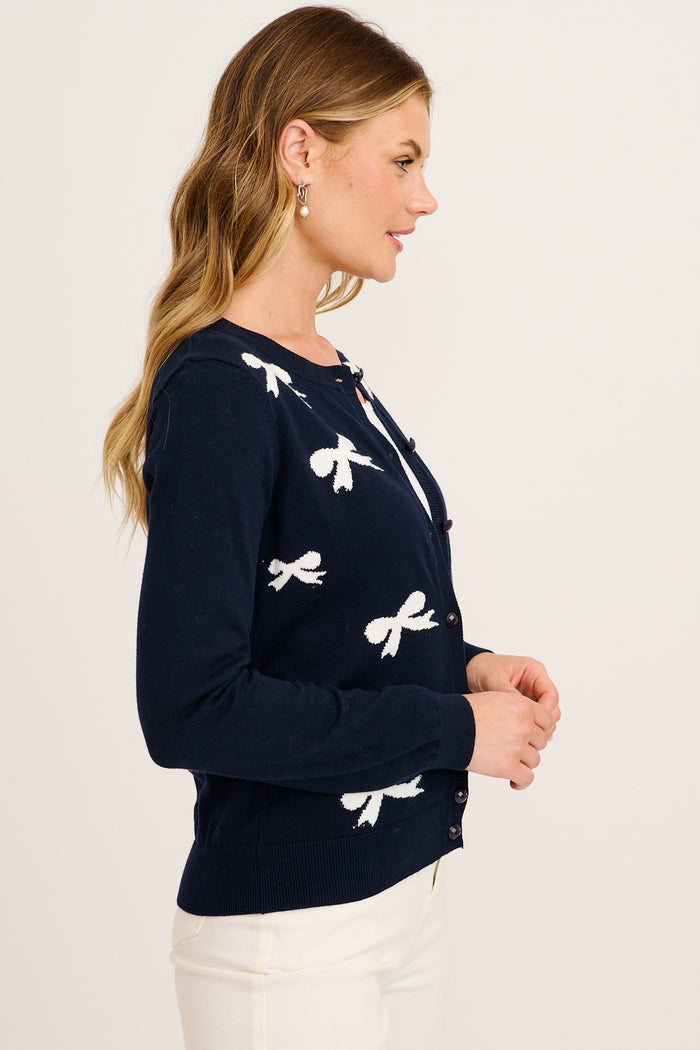 Ines Knit Cardigan in Navy with White Bow Cotton side