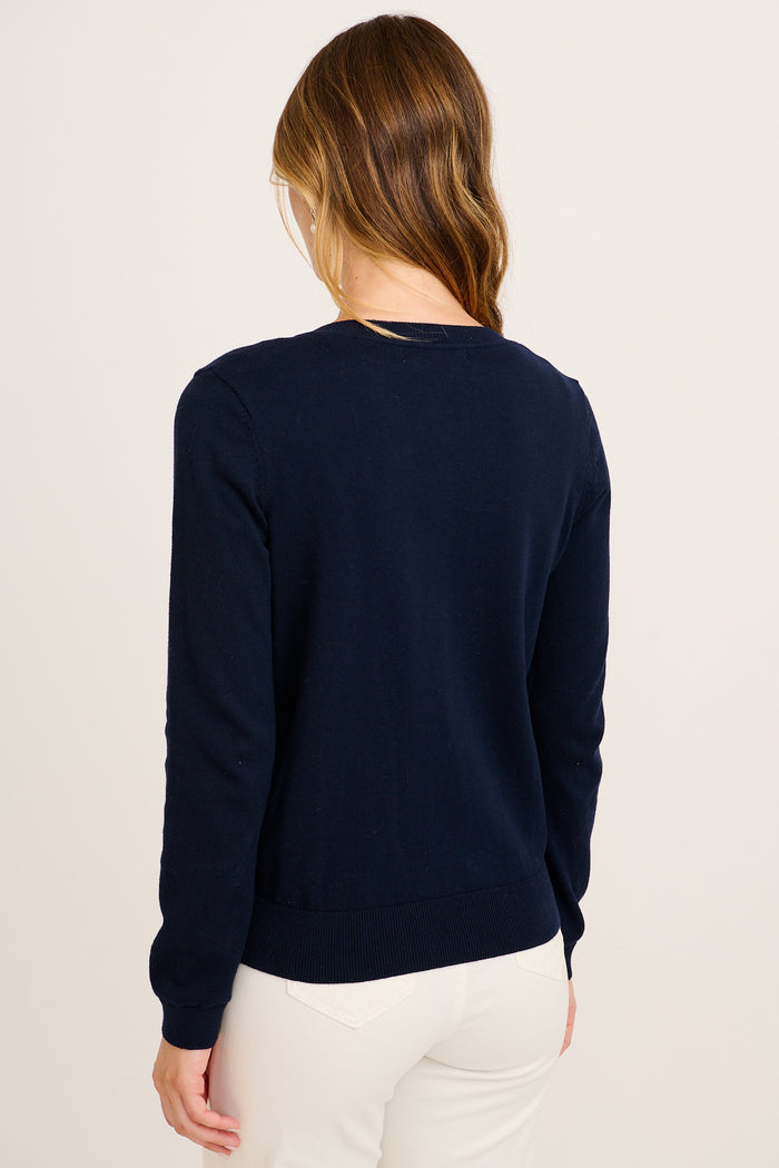 Ines Knit Cardigan in Navy with White Bow Cotton back