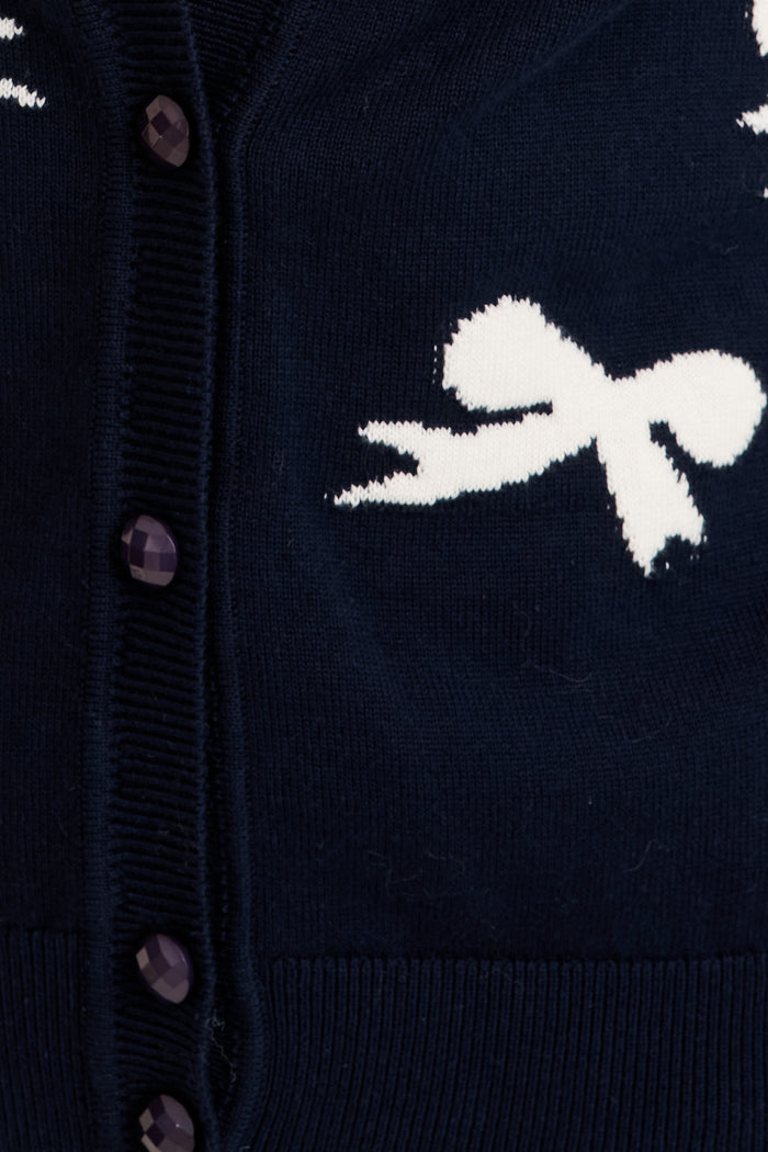 Ines Knit Cardigan in Navy with White Bow Cotton detail