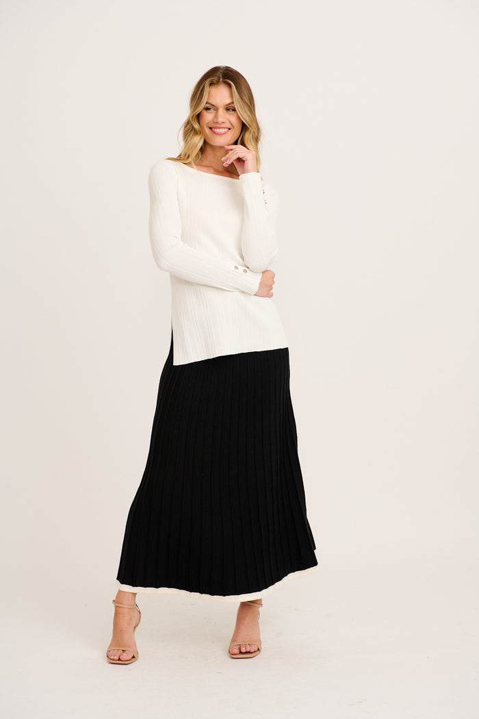 Aisling Maxi Knit Skirt in Black Pleated Cotton Blend full length