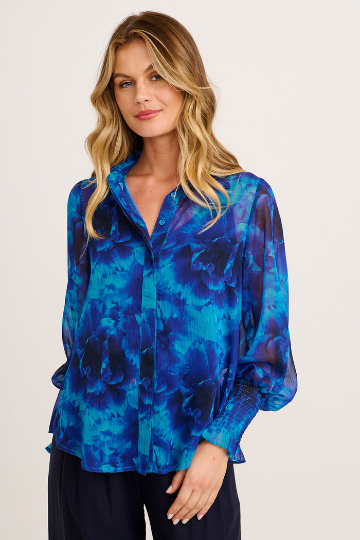 Sweet Sunkiss Shirt in Blue Floral Chiffon front