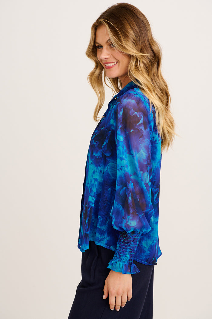 Sweet Sunkiss Shirt in Blue Floral Chiffon side