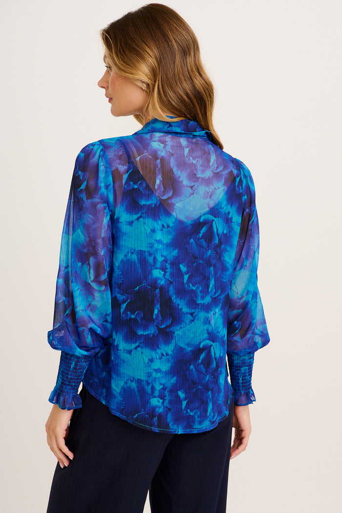 Sweet Sunkiss Shirt in Blue Floral Chiffon back