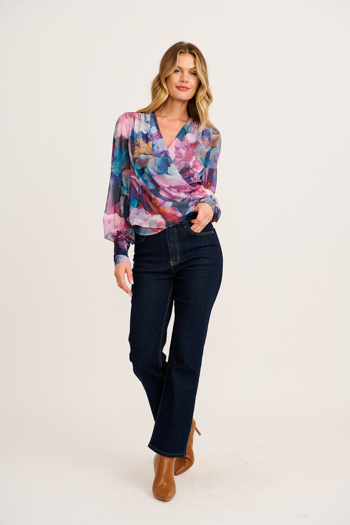 Jenna Mock Wrap Top in Multi Pink Floral Chiffon full length