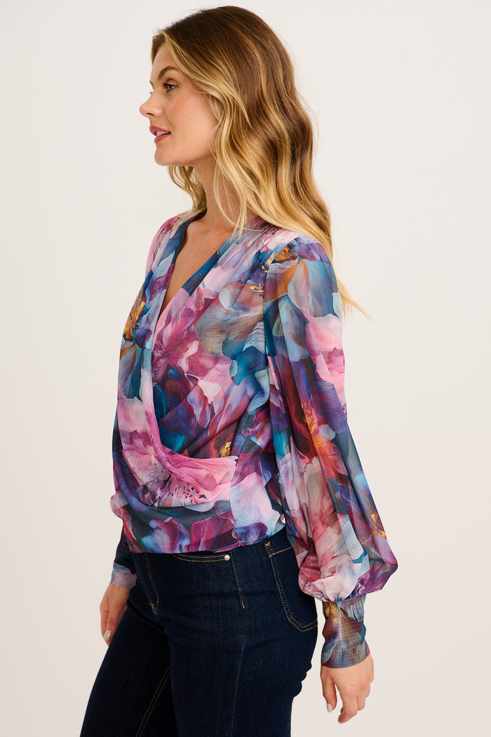 Jenna Mock Wrap Top in Multi Pink Floral Chiffon side