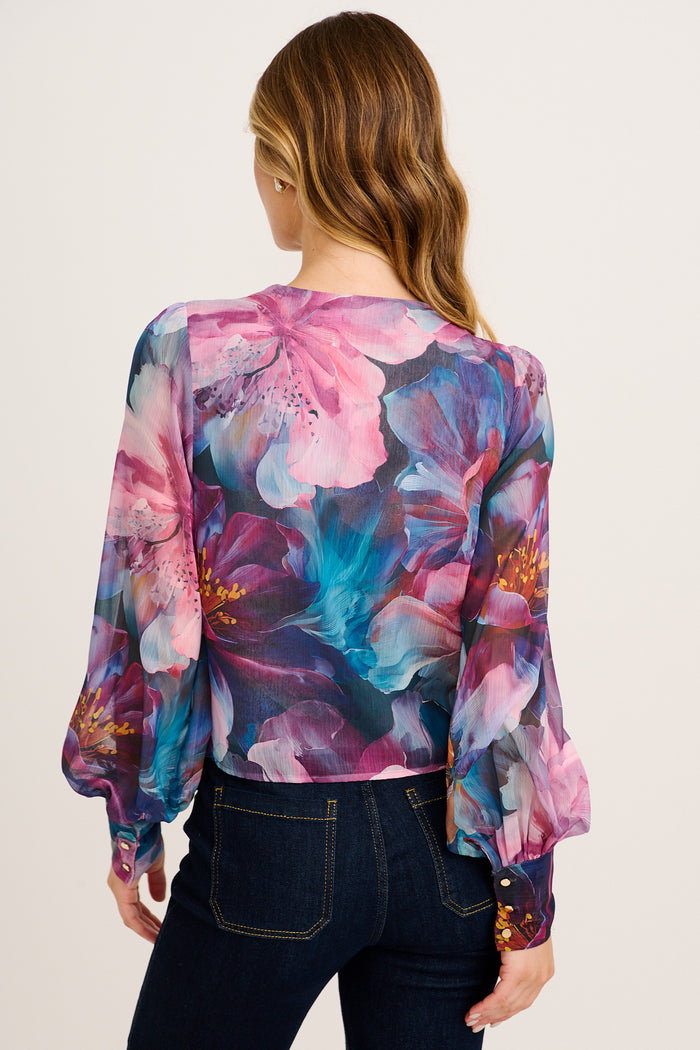Jenna Mock Wrap Top in Multi Pink Floral Chiffon back