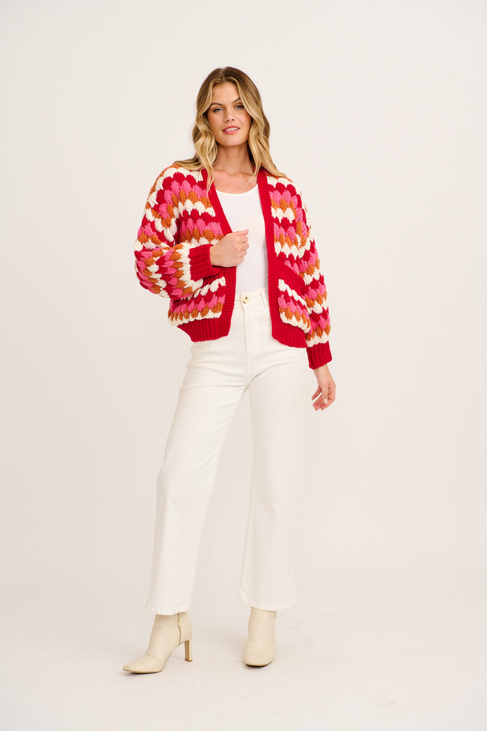 Colour Splash Knit Cardigan in Red Multi Wool Blend full length